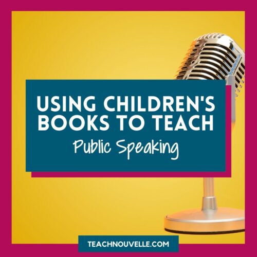 A yellow background with a microphone in the right corner. In the center of the image there is a blue rectangle with a pink border and white text that reads "Using Children's Books to Teach Public Speaking Skills"