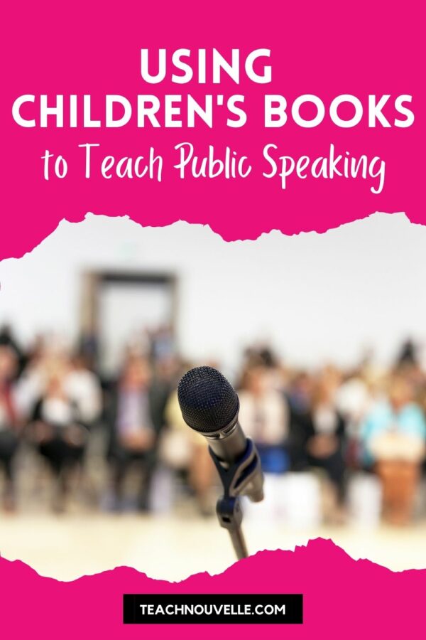 An photo of an out-of-focus crowd with an in-focus micrphone in the foreground. There is a pink border and the top and bottom, and the top has white text that says "Using Children's Books to Teach Public Speaking"