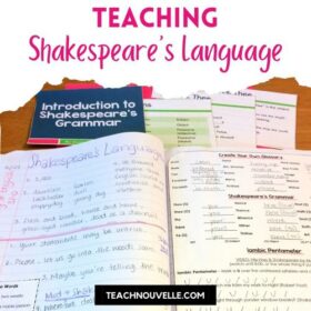 A photo of an open notebook with handwrittern notes about Shakespearean language. At the top there is pink text with the words "Teaching Shakespeare's Language"