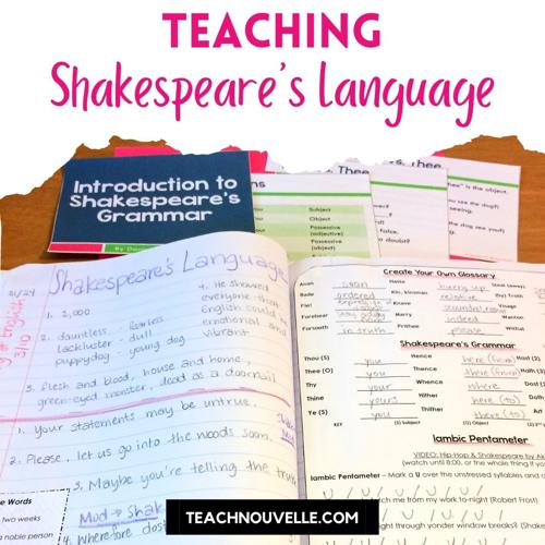 A photo of an open notebook with handwrittern notes about Shakespearean language. At the top there is pink text with the words "Teaching Shakespeare's Language" for learning Shakespearean vocabulary.