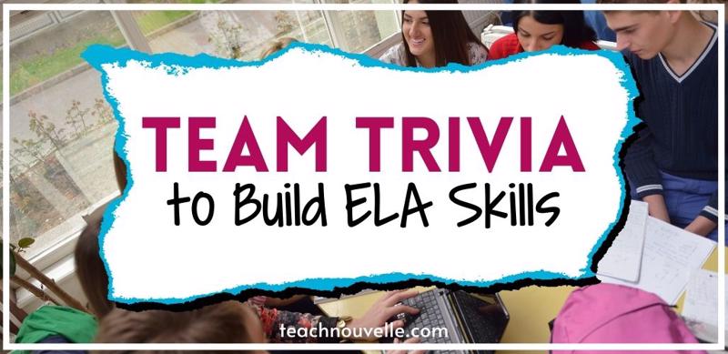 A photo of a group of studends, smiling and gathered in a circle around a laptop. There is a white rectangle in the center with pink and black text reading "Team Trivia to Build ELA Skills"