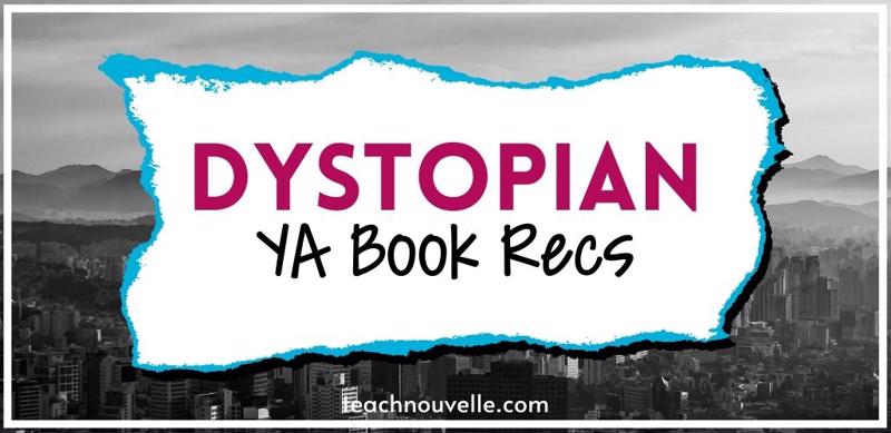 A black and white photo of a city skyline with mountains in the background. There is a white rectangle in the center with pink and black text reading "Dystopian YA Book Recs""