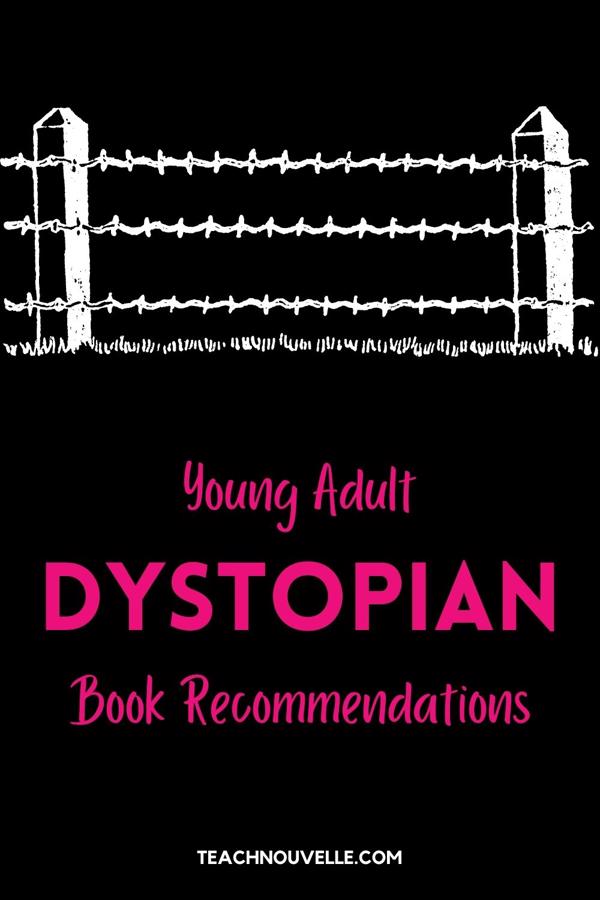 A black rectangular image with a white outine of a barbed wire fence at the top. Below the fence there is pink text reading "Young Adult Dystopian Book Recommendations"