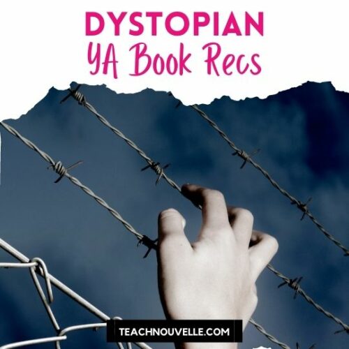 A photo of a hand touching a barbed wire fence. There is a white border at the top with pink text reading "Dystopian YA Book Recs"
