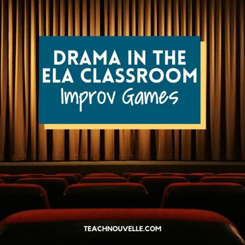 A photo of rows of empty, red velvet covered theatre seats looking towards the stage with a golden curtain down across the state. There is a blue box in the center of the image with white text that says "Drama in the ELA Classroom - Improv Games"