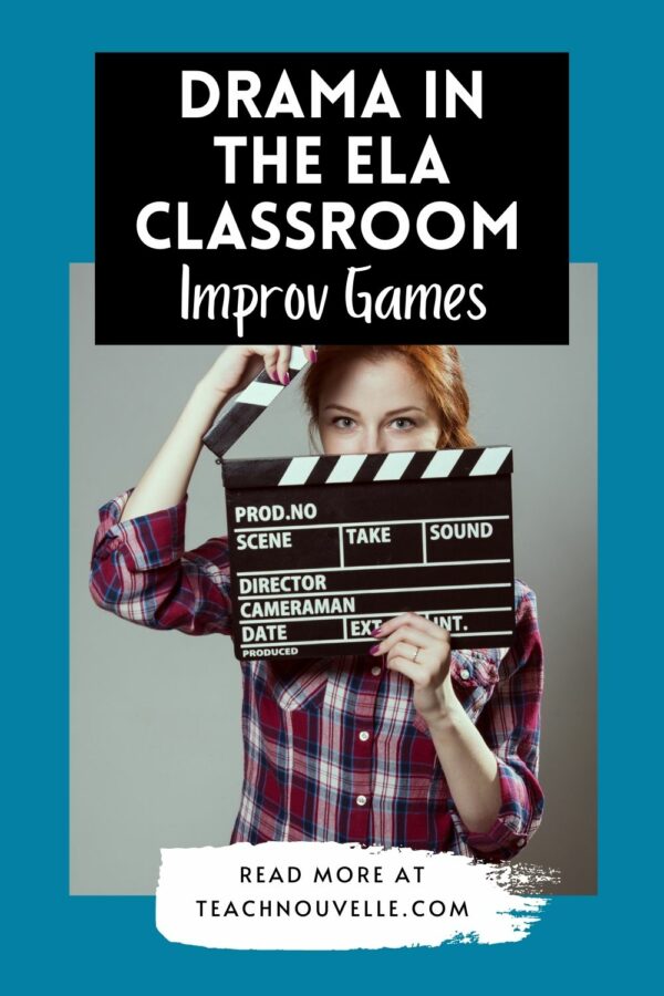 A photo of a redheaded woman in a flannel shirt holding a clapperboard in front of her. There is a blue border around the image, and a black square at the top with white text that reads drama games for high school students