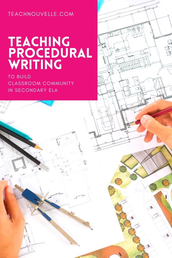 A photo of hands holding a pencil and working on architectural drawings. There is a pink box in the upper left hand of the image with white text that says "Teaching procedural writing to build classroom community in secondary ELA"