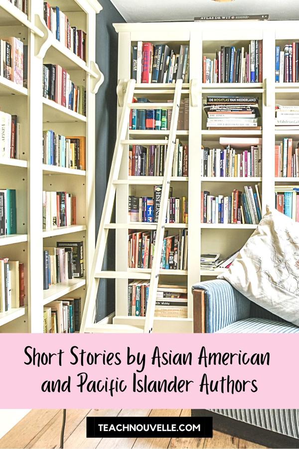 A photo of a brightly lit library with a rolling ladder attached to the shelves. There is a pink banner at the bottom with black text that says "Short Stories by Asian American and Pacific Islander Authors"