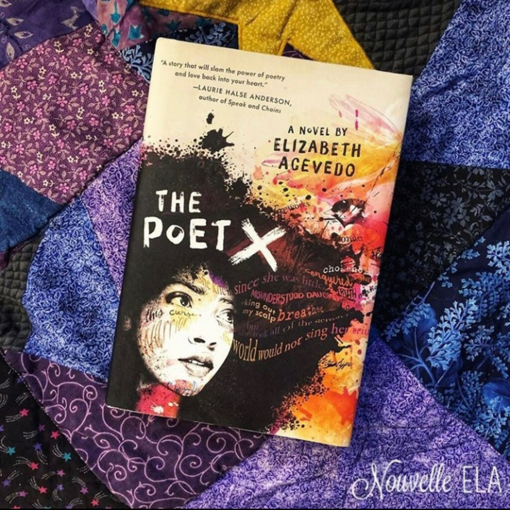 A photo of the book The Poet X by Elizabeth Acevedo lying on a purple and blue quilt.