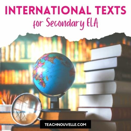 In the background there are brightly lit library shelves, in the foreground there is a small globe, a stack of books, and a magnifying glass. There is a white border at the top with pink text reading "International Texts for Secondary ELA"