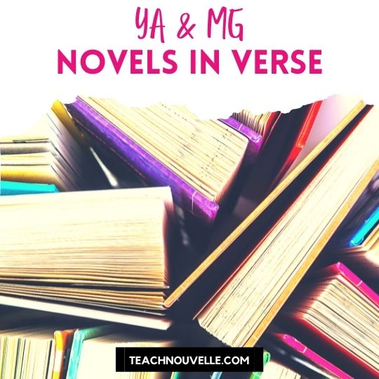 An overhead photo of brightly colored books standing up. There is a white banner at the top with pink text that says "YA & MG Novels in Verse"