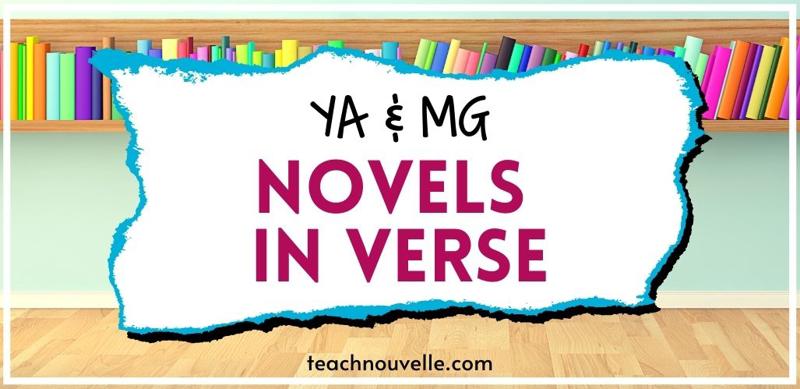 An illustration of a wooden floor and blue wall. There is a bookshelf with brightly colored books on it. There is pink and black text that says "YA & MG Novels in Verse"