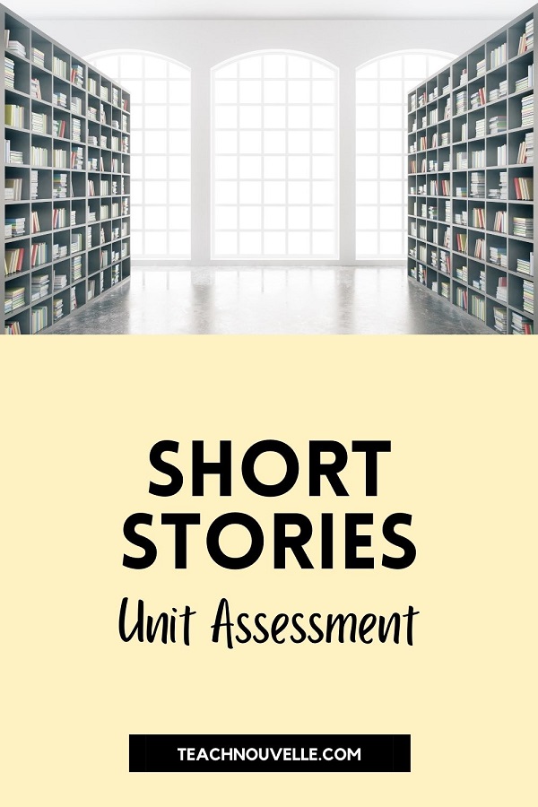 A brightly lit room with a wall of windows and bookshelves on either side. There is a light yellow rectangle at the bottom with black text that says "Short Story Unit Assessment"