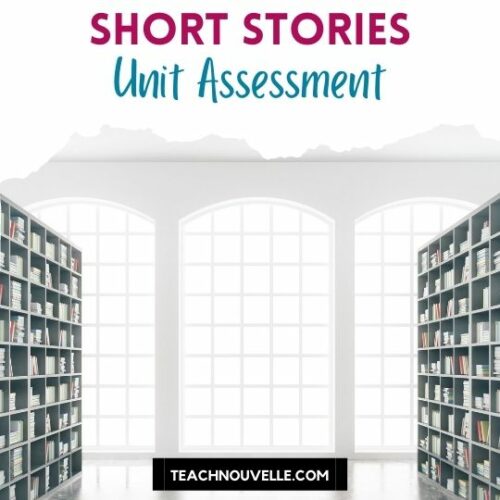 A brightly lit room with a wall of windows and bookshelves on either side. There is a white border at the top with black text that says "Short Story Unit Assessment"