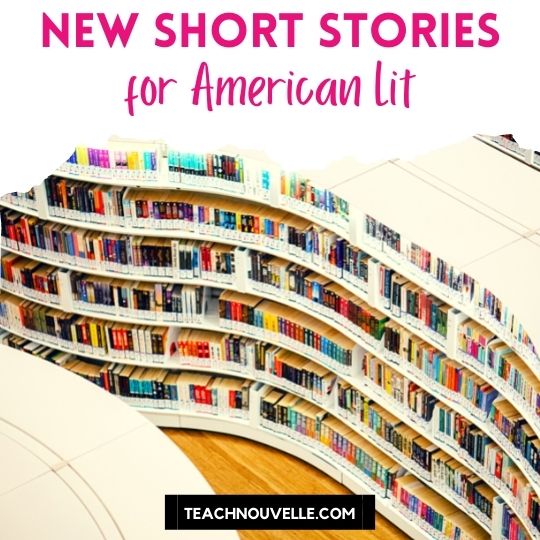 Best Short Stories to Teach American Lit - A photo of a library shelf filled with books, at the top of the image there is a white border with pink text that reads "New Short Stories for American Lit"