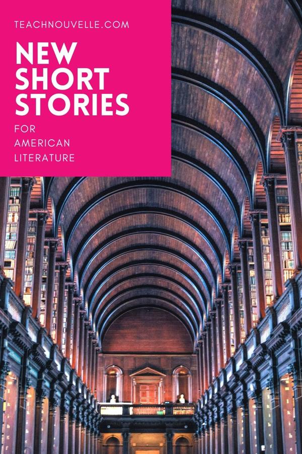 A photo of the interior of the Trinity College Library in Dublin Ireland. There is a pink square in the top left of the image with white text that reads "New Short Stories for American Literature"