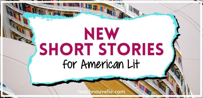 A photo of a library shelf filled with books, in the center of the image there is a white rectangle with pink and black text that reads "New Short Stories for American Lit"