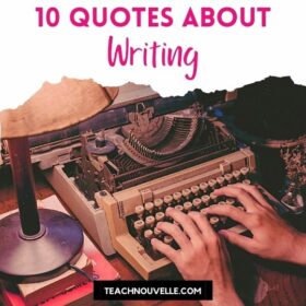 A photo of a typwriter with a pair of hands typing on it, and a lamp on top of a stack of books beside the typewriter. There is a white border at the top with pink text that reads "10 Quotes About Writing"
