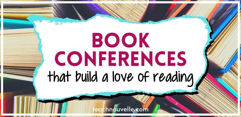 An above view of brightly colored books standing up. There is a white rectangle in the center of the image with pink and black text that says "Book Conferences that build a love of reading"