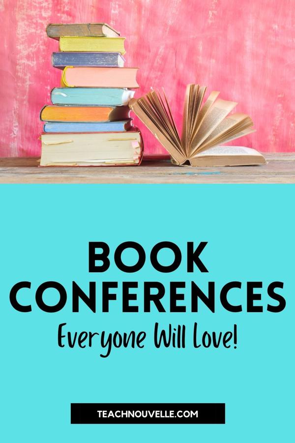 A stack of pastel colored books stacked on a table with a pink wall in the backgroud. The bottom half of the image is a blue square with black text that reads "Book Conferences Everyone Will Love"
