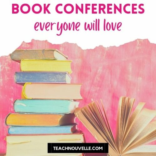 8 pastel colored books stacked on a table with a pink wall in the backgroud. At the top of the image is a white border with pink text that reads "Book Conferences Everyone Will Love"