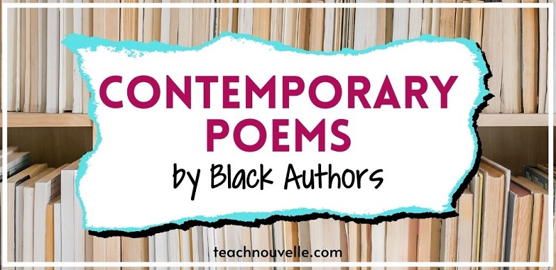 A bookshelf filled with books. Their spines are facing inward, so you can only see the pages of the books, no covers or titles. There is a white rectangle in the center of the image with pink and black text reading "Contemporary Poems by Black Authors"