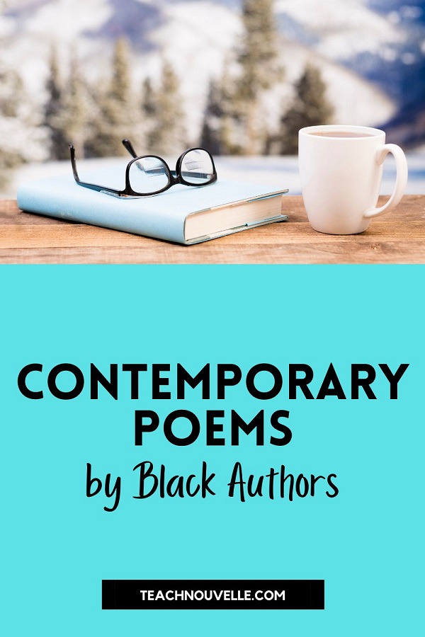A photo of a wooden table in front of a snowy mountainside. On the table there is a coffee cup, a book, and a pair of reading glasses on top of the book. Below the image it's a light blue square with black text reading "Contemporary Poems by Black Authors"
