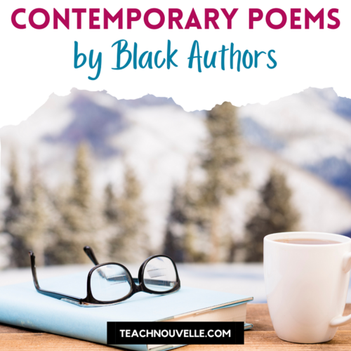 A photo of a wooden table in front of a snowy mountainside. On the table there is a coffee cup, a book, and a pair of reading glasses on top of the book. Above the image there is a white border with pink and blue text reading "Contemporary Poems by Black Authors"