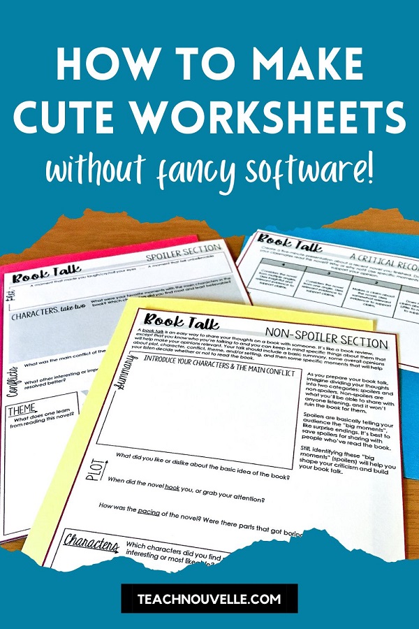 A photo of ELA worksheets with a blue border at the top and bottom, there is white text at the top that says "How to make cute worksheets without fancy software"