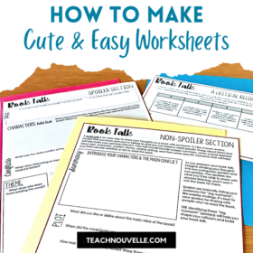 A photo of ELA worksheets with pink, yellow, and blue paper in the background. There's a white border at the top with blue text that says "How to make cute and easy worksheets"