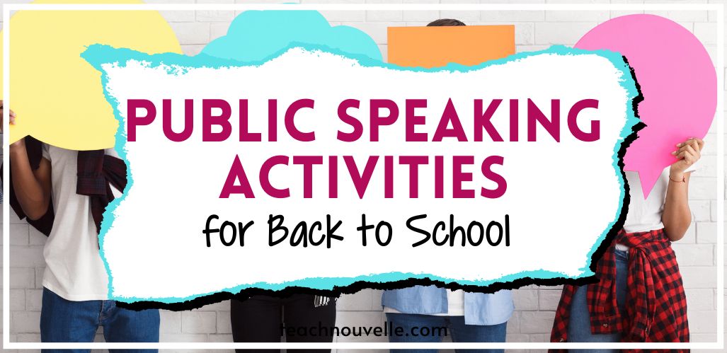4 tweens standing against a white brick wall, they are holding pastel colored shapes in front of their faces so their faces are obscured. There is a white rectangle in the center of the image with pink and black text reading "Public Speaking Activities for Back to School"