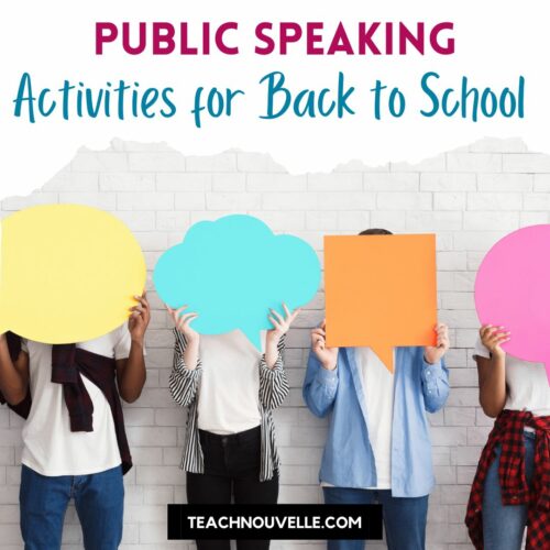 4 tweens standing against a white brick wall, they are holding pastel colored shapes in front of their faces so their faces are obscured. There is a white heading at the top of the image with pink and blue text reading "Public Speaking Activities for Back to School"
