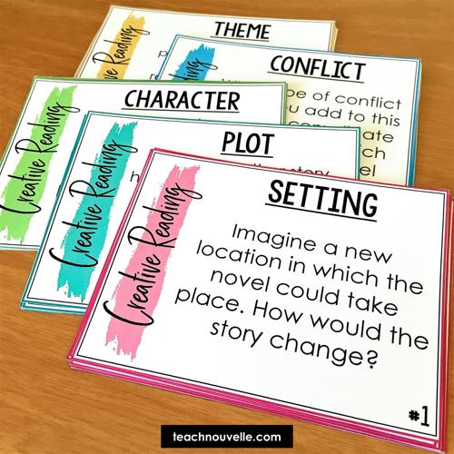 Five types of reading response questions are displayed in a flat lay - setting, character, plot, conflict, and theme
