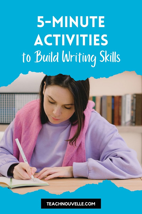 A photo of a girl in a light purple longsleeve shirt and a link vest. There is a blue border at the top with white text reading 5-Minute Activities to Build Writing Skills