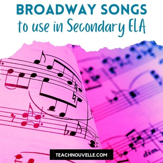 A photo of sheet music with a pink filter on it. At the top there is a white border and blue text that says "Broadway Songs to use in Secondary ELA"