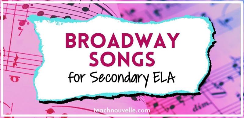 A photo of sheet music with a pink filter on it. In the center of the image there is a white rectangle with pink and black text that says "Broadway Songs for Secondary ELA"