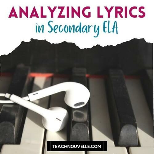A photo of a pair of ear budes on top of a piano keyboard. There is a white border with pink and blue text at the top that reads "Analyzing songs in Secondary ELA"