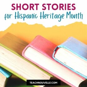 A stack of pastel colored books against a yellow background. There is a white border at the top with pink and blue text that says "Short Stories for Hispanic Heritage Month"
