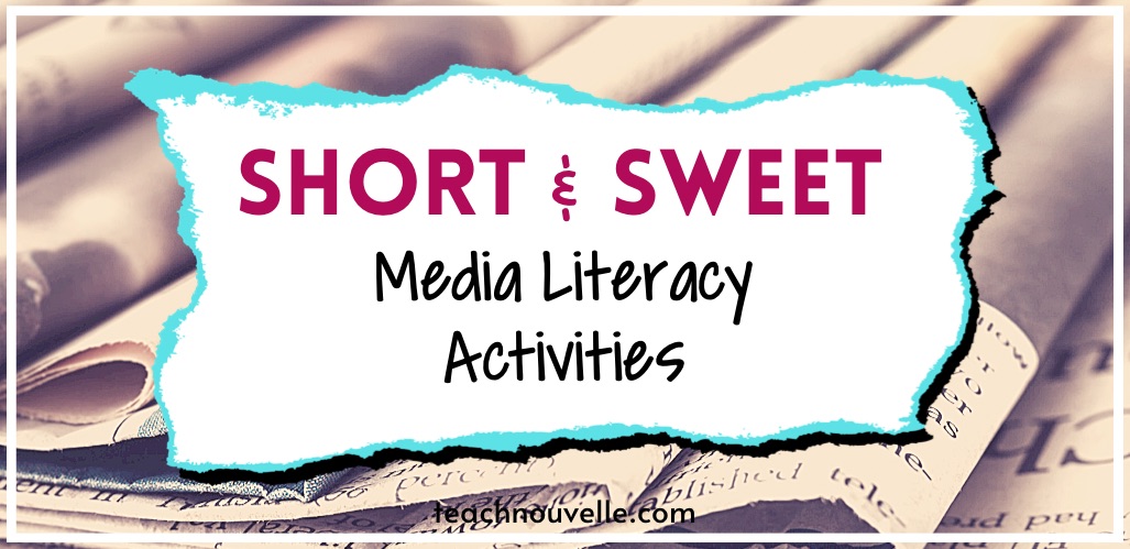 A stack of newspapers with a white rectangle in the center. There is pink and black text that says "Short & Sweet Media Literacy Activities"