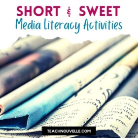 A stack of newspapers. There is a white border at the top of the image with pink and blue text that says "Short and Sweet Media Literacy Activities"