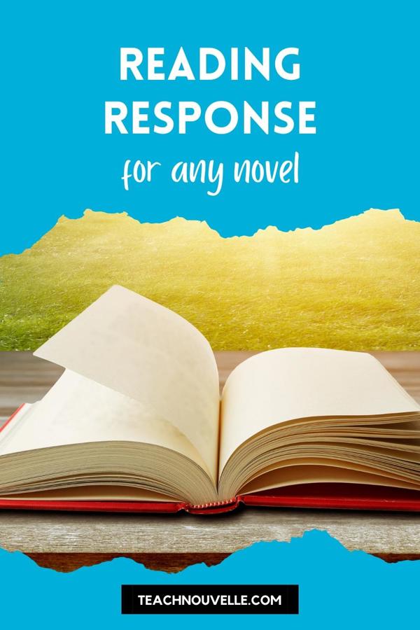 A book lying open on a wooden table with a sunny lawn in the background. There is a blue border at the top and bottom with white text that says "Reading Response for Any Novel"