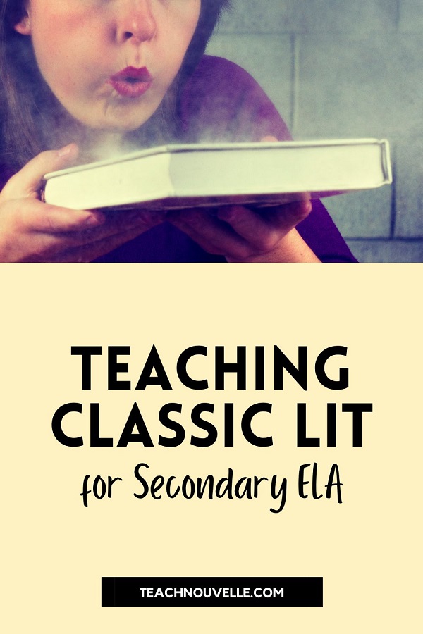 A photo of a woman blowing the dust off of a hardcover book. Below the photo there is a pale yellow square with black text reading "Teaching Classic Literature in Secondary ELA"