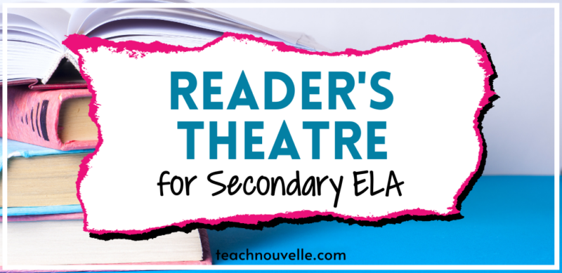 A photo of a stack of books with a blue and white background. There is a white rectangle in the center of the image with blue and black text that says Reader's Theatre for Secondary ELA