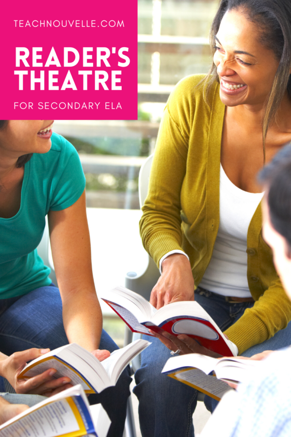 A photo of smiling teens sitting in a circle reading books. There is a pink square in the top left of the photo with white text that says Reader's Theatre for Secondary ELA