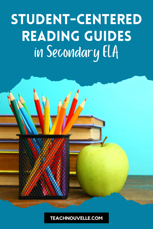 A photo of an apple next to a cup filled with multi-colored pencils, in front of a stack of books. At the top of the image there is a blue border with white text that says "Student-Centered Reading Guides in Secondary ELA"
