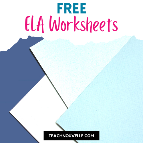 A photo of multiple pieces of blue-shaded paper. At the top of the image there is a white border with pink and blue text that says "Free ELA Worksheets"
