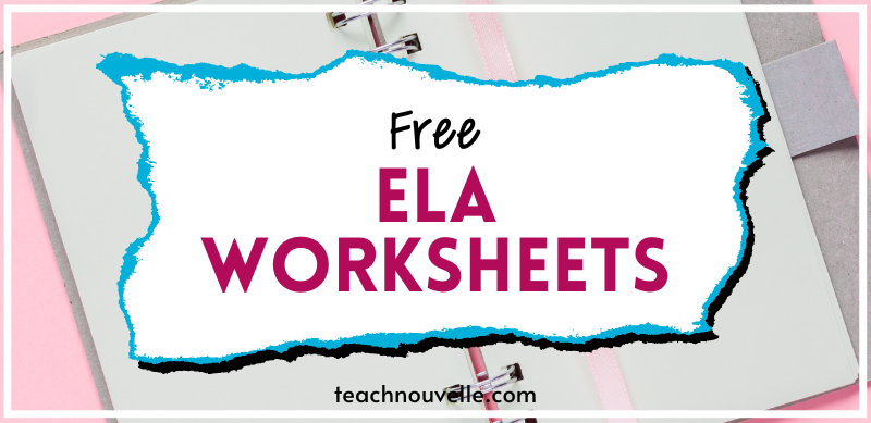 A photo of a open, blank notebook. There is a white rectangle in the center of the image with pink and black text that says "Free ELA Worksheets"