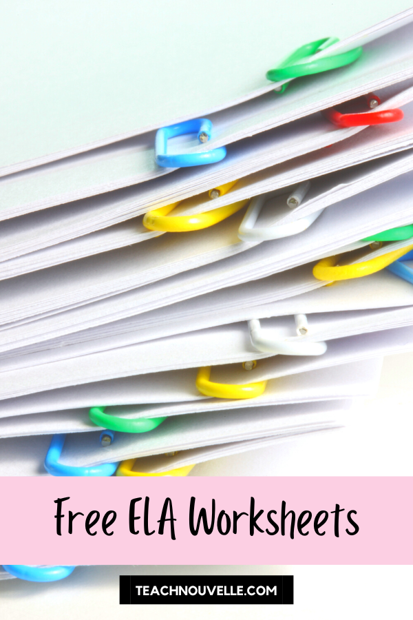 A photo of a stack of multiple bundles of paper, paperclipped together with multi-colored paperclips. At the bottom of the image there is a pink border with black text that says "Free ELA Worksheets"