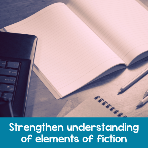 A photo of a blank notebook and several pens. There is a blue border under the photo with white text that says "Strengthen understanding of elements of fiction"