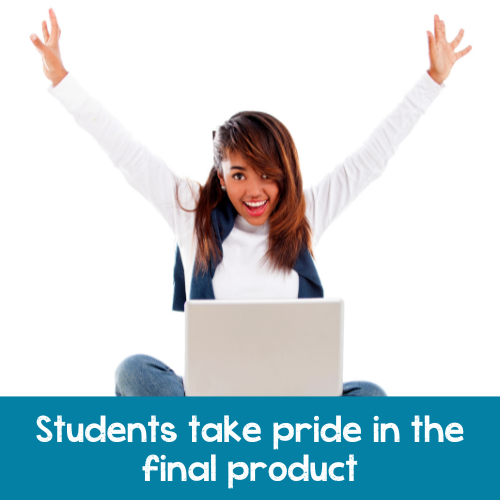 Image for the blog post "Classroom Writer's Workshop" - There is a photo of a smiling Black girl sitting in front of a laptop. Beneath the image there is a blue border with white text that says "Students take pride in the final product"